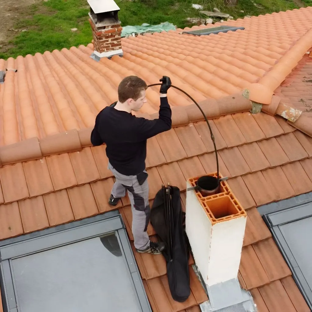 Thomas sur le toit, ramonant un conduit maçonné à la canne rotative depuis la souche de cheminée